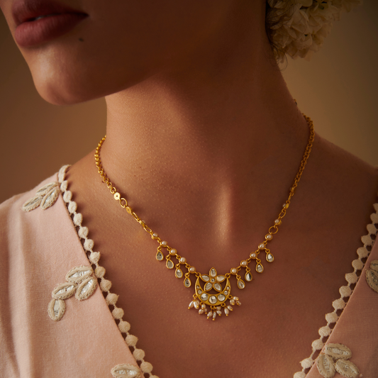 Chaand Phool Necklace | Gold Plated Mirror Polki